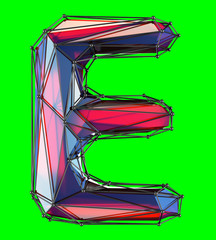 Capital latin letter E in low poly style red color isolated on green background