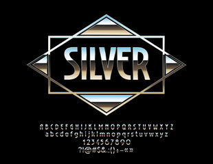 Vector reflective Silver Emblem. Gloss set of Alphabet Letters, Numbers and Punctuation Symbols