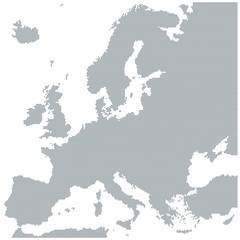 Map of Europe made of gray dots. Dotted silhouette, outline and surface of Europe and the surrounded regions. Dots in a row. Isolated illustration on white background. Vector. © Peter Hermes Furian