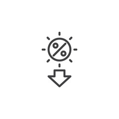 Summer seasonal discount sale outline icon. linear style sign for mobile concept and web design. Percentage sun and arrow down simple line vector icon. Symbol, logo illustration. Pixel perfect vector