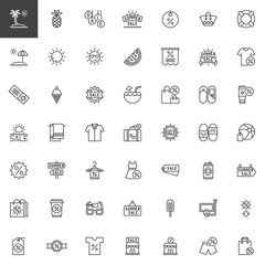 Summer sale outline icons set. linear style symbols collection, line signs pack. vector graphics. Set includes icons as Island, Pineapple, Discount, Sun, Coupon, Shopping bag, Tags, Beach bag, Dress