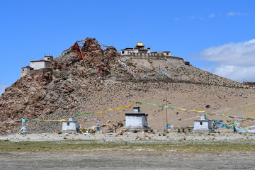 China, Tibet, Chiu Gompa monastery on a hill on the shore of lake Manasarovar