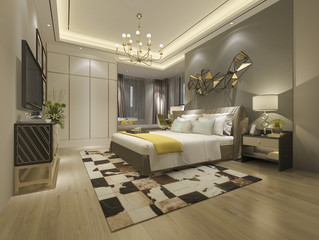 3d rendering luxury modern bedroom suite in hotel