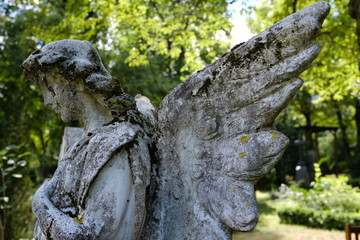 A weathered sculpture of an angel on a tomb of the cemetery of Berlin-Germany