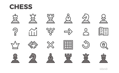 Chess icons for mobile application. Chessmen, strategy. Editable line.