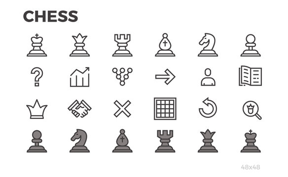Chess icons for mobile application. Chessmen, strategy. Editable line.