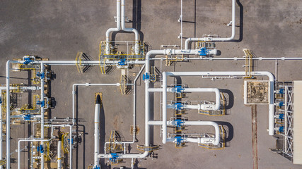 Aerial top view natural gas pipeline, gas industry, gas transport system, stop valves and...