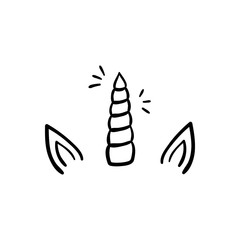 Unicorn horn with ears and sparkles, vector hand drawn illustration, black outlined unicorn, isolated on white background.