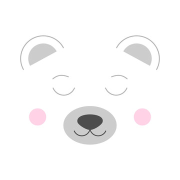 Cute polar bear vector illustration, isolated on white background. Polar bear cartoon face with closed eyes, ears, snout and pink cheeks.
