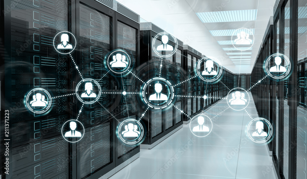 Aufkleber Social network over server room data center 3D rendering