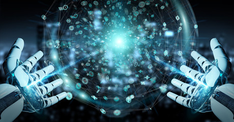 White humanoid hand using digital global network 3D rendering