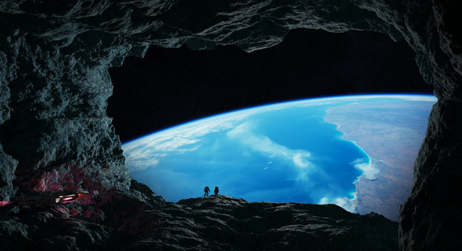 Astronauts exploring a cave in asteroid 3D rendering elements of this image furnished by NASA