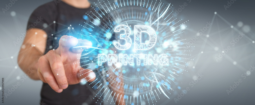 Poster businessman using 3d printing digital hologram 3d rendering