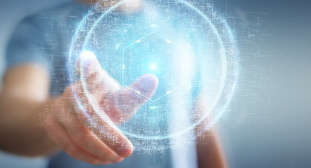 Businessman using digital sphere connection hologram 3D rendering