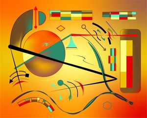 Abstract  orange  background ,fancy  geometric and curved shapes , expressionism art style