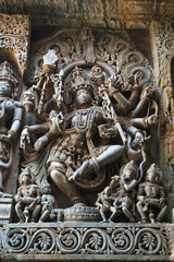 Sculpture of dancing Shiva, Hoysaleshwara temple, Halebidu, Karnataka. view from West.