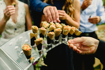 Hot and cold wedding snacks for the guests at the reception - obrazy, fototapety, plakaty