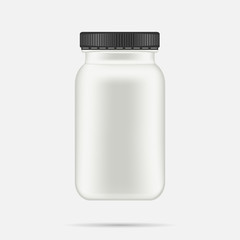 White matte plastic bottle with black lid for vitamins, tablets, pills. Realistic packaging mockup template with sample design. Medical container. Front view. Vector illustration.