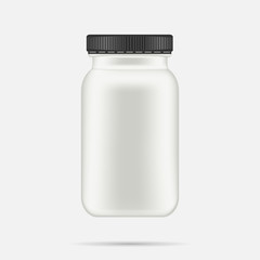 White matte plastic bottle with black lid for vitamins, tablets, pills. Realistic packaging mockup template with sample design. Medical container. Front view. Vector illustration.