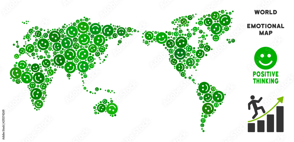 Poster happiness world map mosaic of smileys in green variations. positive thinking vector template. world 