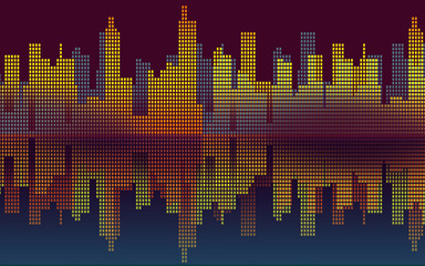 night and the city- background graphic with buildings and reflection in the warter