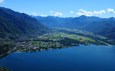 Fototapeta na wymiar Paragliding above Lago Maggiore Delta with view to Magadino