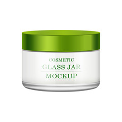 Realistic white glass jar with green plastic lid for cosmetics - body cream, butter, scrub, gel, skin care, powder. Premium product. Package template. Vector mock up.