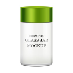Realistic white glass jar with green plastic lid for cosmetics - body cream, butter, scrub, foundation cream, gel, skin care, powder. Premium product. Package template. Vector mock up.