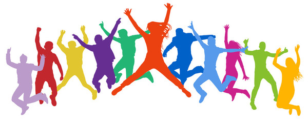 Cheerful crowd jumping people. Friends leap, bounce young teenagers, trampoline. Happy youth company. Multicolor vector silhouette