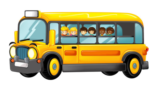 funny looking cartoon yellow bus with pupils - illustration for children