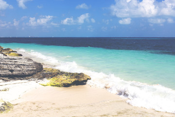 Tropical paradise image. Colorful Caribbean sea shore. Image has a vintage effect applied