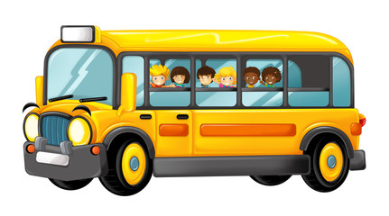 funny looking cartoon yellow bus with pupils - illustration for children