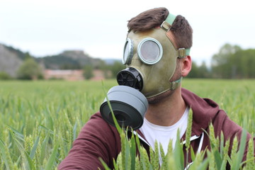 Man wearing breathing mask in wheat field