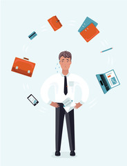 Pop Art Stressed Businessman with Laptop at Multi Tasking Office Work. Vector illustration