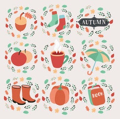 Set of cute autumn cartoon characters, plants and food. Fall season. Collection of scrapbook elements for party, harvest festival or Thanksgiving day.