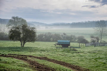 Fototapeta premium Trace d'un tracteur vers un pâturage avec son abreuvoir sur un paysage de brume à la campagne, avec au fond une forêt, près de Metz en Moselle