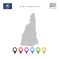 Dots Pattern Vector Map of New Hampshire. Stylized Silhouette of New Hampshire. Flag of New Hampshire. Map Markers Set