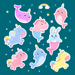 Magical creatures. Narwhal, unicorn mermaid, pegasus stickers vector illustration
