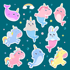Magical creatures. Narwhal, unicorn mermaid,bunny mermaid, cat mermaid pegasus stickers vector illustration