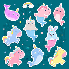 Magical creatures. Narwhal, unicorn mermaid,bunny mermaid, cat mermaid pegasus stickers vector illustration
