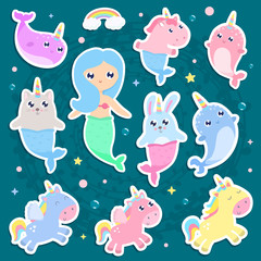 Magical creatures. Narwhal, unicorn mermaid,bunny mermaid, cat mermaid pegasus stickers vector illustration