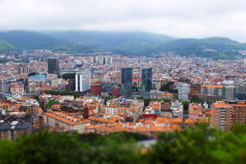 Fototapeta na wymiar Bilbao city skyline tilt shift effect.