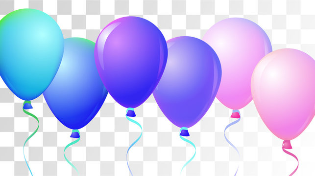 Bright Realistic Helium Vector Balloons Flying. Happy Birthday, New Year Party Ornament. Neon Modern Holidays Decoration, Air Helium Balloons. Celebration, Music Poster Discount Card Cool Design.