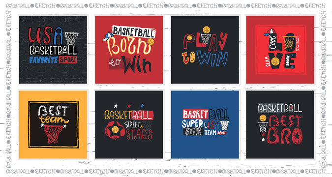 A collection of vector illustrations for American basketball. Motivation quotes, slogan, grunge. Sport fashion print for t-shirt, text: born to win, play to win, dude. Handwritten Modern lettering.