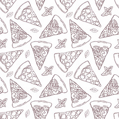 Seamless pattern in doodle style with the image of a sliced pizza. Vector background.