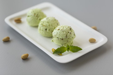 Fresh pistachio ice cream, nuts and mint.