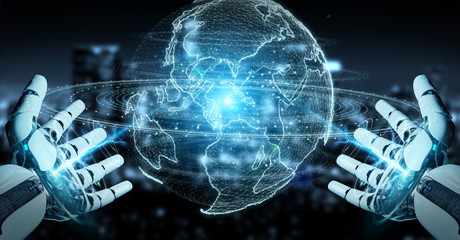 White robot hand using globe network hologram with America Usa map 3D rendering
