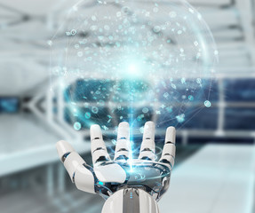 White humanoid hand using digital global network 3D rendering