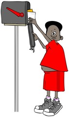 Illustration of a black boy on his tiptoes getting letters out of a mailbox.