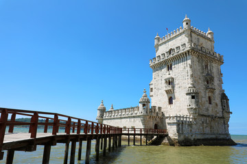 The Belem Tower (Torre de Belem), Lisbon, Portugal. It is an iconic site of the city, originally built as a defence tower, today it is used as a museum. It is a UNESCO World Heritage Site.